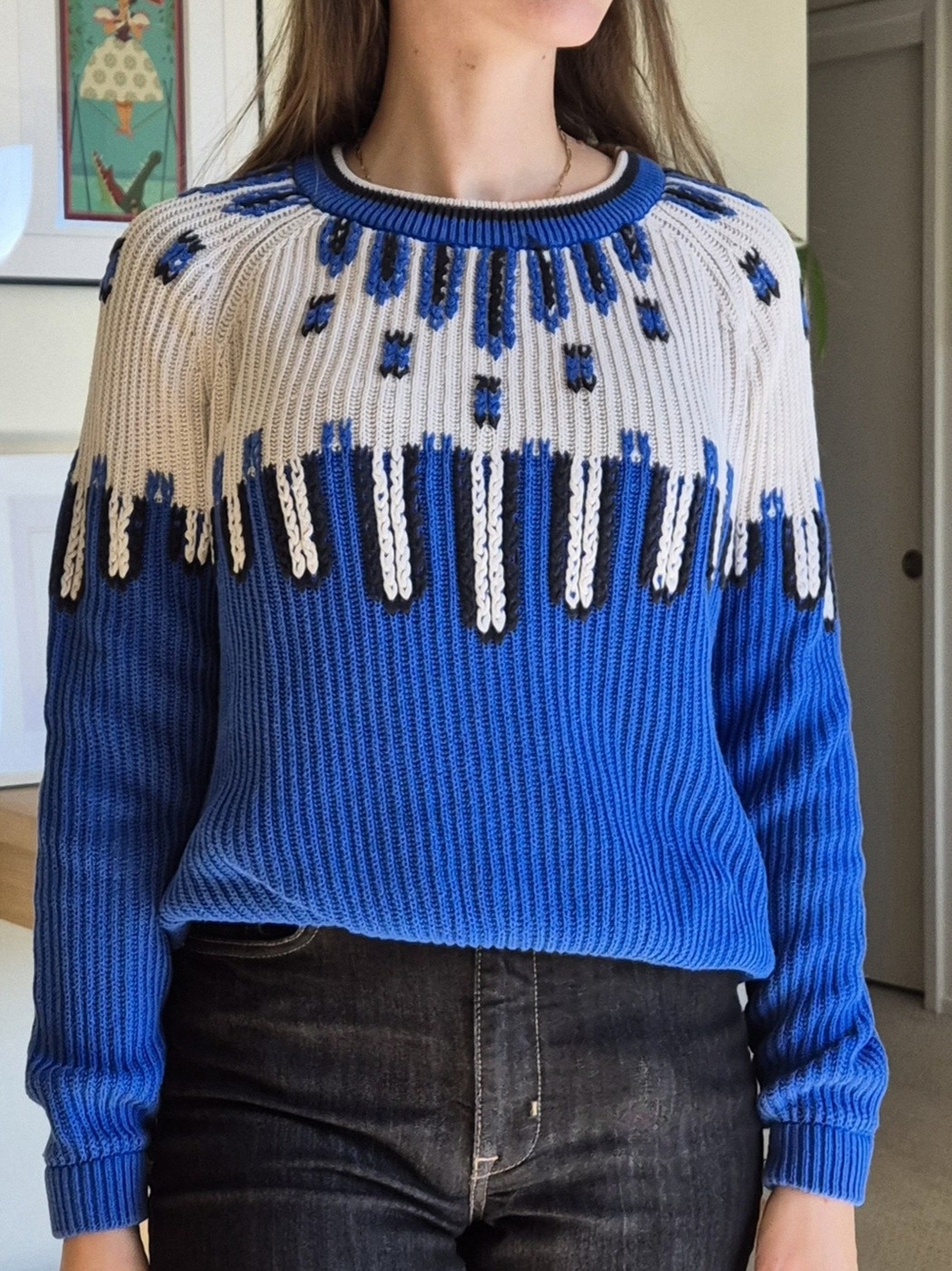 Vintage French Connection Statement Blue & Cream Knit Crewneck Sweater Small